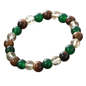 Elastic beaded bracelet with natural tiger eye, green agate, and white quartz beads