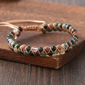 Böhmisches zweilagiges 4mm Indien-Achat-Perlenarmband mit verstellbarer Handwebkordel