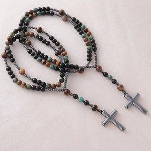 Naturstein Kreuz Anhänger Halskette Tigerauge Schwarz Achat Perlen Lange Kette Religiöser Schmuck Für Damen Und Herren