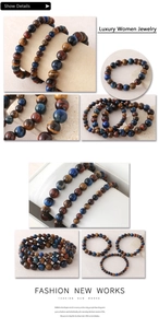 Detailed view of yellow, red, and blue tiger eye stone beads on handmade elastic bracelets