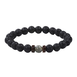 Lava rock bracelet for men with central labradorite bead on white background