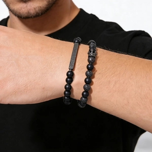 Men's double-layered matte obsidian and volcanic stone bead bracelet set with crown charm