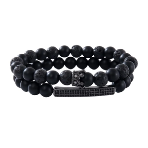 Mens matte obsidian and lava stone beaded bracelet set with black crown and zircon bar