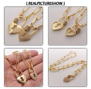 Detailed views of gold heart lock necklace featuring AAA zircon pave and Cuban chain