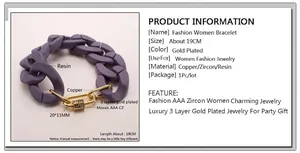 Détail du bracelet chaîne en résine violette avec fermoir doré en zircon et dimensions