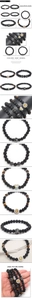Macro detail of lava stone and tiger eye beaded bracelets with engraved metal charms