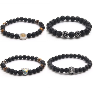 Lava Stone Tiger Eye Beaded Bracelet For Men Women Stainless Steel Religious Medallion Heart Pendant Elastic Strand Bracelet Vintage Jewelry