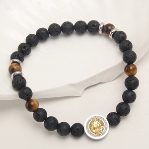 Volcanic rock and tiger eye beaded bracelet with Saint Benedict religious pendant charm
