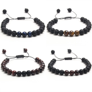 Détails de perles de lave et d'œil de tigre 8mm sur des bracelets tissés réglables