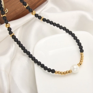 Lava Stone Stainless Steel Beaded Necklace For Women Men 18K Gold Plated Round Artificial Pearl Charm Waterproof Gothic Jewelry Gift