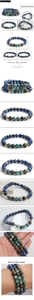 Macro detail of natural sodalite and jasper beaded bracelet with gold gear spacers