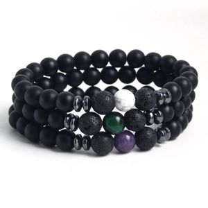Herren Perlenarmband-Set aus mattem schwarzem Achat mit Tigerauge und Lavasteinen