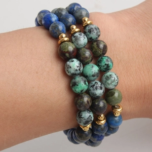 Lapis lazuli and turquoise beaded bracelet stack with golden spacers for men