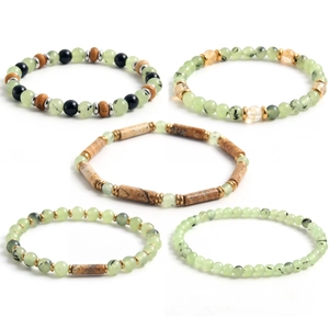 Natural Prehnite Picture Stone Beaded Bracelet For Women Men Stainless Steel Obsidian Wood Spacers Ethnic Vintage Handmade Jewelry Gift