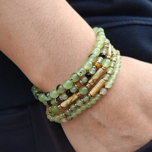 Multi-layer beaded bracelet featuring prehnite stones and vintage ethnic style design
