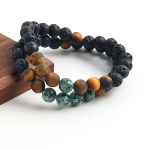 Natural Stone Beaded Bracelet For Men African Turquoise Yellow Tiger Eye Lava Stone Stretch Elastic Bracelet Handmade Fashion Jewelry