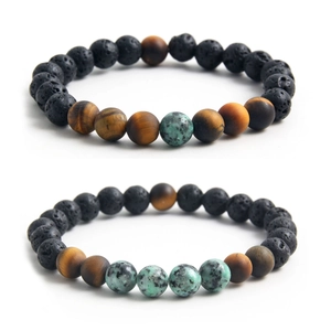 Natural tiger eye and black lava stone beaded bracelet set for men with 8mm round beads