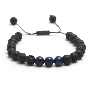 Pulsera ajustable de piedra de lava negra con cuentas de ojo de tigre azulado