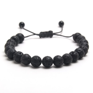 Pulsera ajustable para hombre de piedra de lava negra natural con cordón trenzado