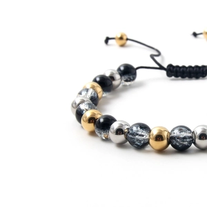 Adjustable stainless steel bead bracelet with natural stone and woven cord detail