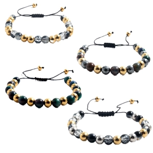 Adjustable beaded bracelet set with 8mm natural stones and gold-plated metal beads