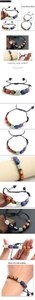 Detail of multi-colored natural stone beads on a black woven adjustable chakra bracelet
