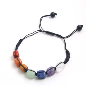 Adjustable seven chakra energy bracelet with square natural stones and black woven rope