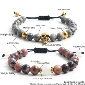 Edelstahl Naturstein Totenkopf Armband Für Damen Herren Verstellbar Perlen Hip Hop Trendy Landkartenstein Rhodonit Schmuck