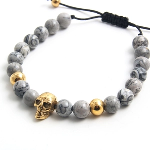 Herren Hip-Hop Gold Totenkopf Armband mit Landkartenstein und verstellbarem Seil