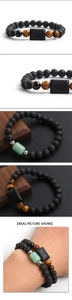 Dettaglio del set di bracciali in occhio di tigre e pietra lavica con accenti in giada verde