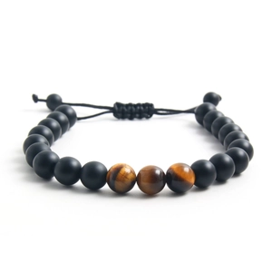 Pulsera de cuentas de piedra natural ojo de tigre y negro mate con cordón ajustable