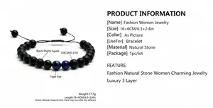 Pulsera ajustable de cuentas de ágata negra mate y piedras de ojo de tigre azul