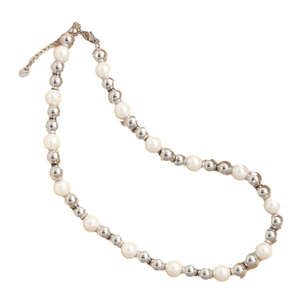Minimalist stainless steel necklace featuring mixed white pearls and round silver beads