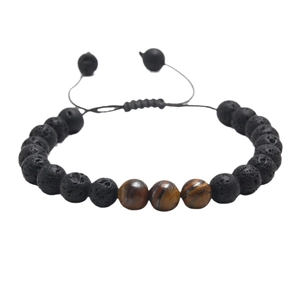Pulsera ajustable de piedra de lava negra y ojo de tigre con cordón trenzado