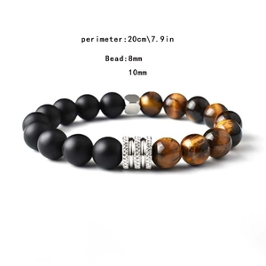 Detail showing 8mm and 10mm obsidian and tiger eye beads with 20cm size labels