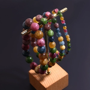 Bracelet en Perles de Pierre Naturelle Tourmaline pour Hommes Femmes Perle Ronde Colorée Bracelet Élastique Fait Main Bijoux