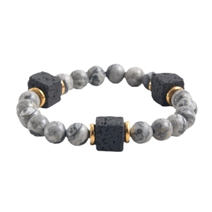 8mm Perlenarmband aus Natursteinen und Lavastein mit goldenen Trennelementen