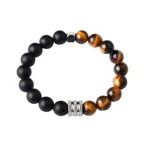 Elastic beaded bracelet with matte black onyx, tiger eye stones and silver metal accents