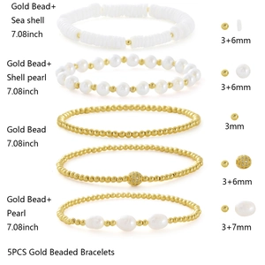 Detail of 5pcs gold beaded bracelet set with seashell and pearl charms, 7.08-inch length