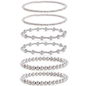 6-piece silver bead stretch bracelet set in bohemian stacking style for women