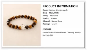 Detail showing 8mm tiger eye beads and 18cm circumference size specs for this bracelet