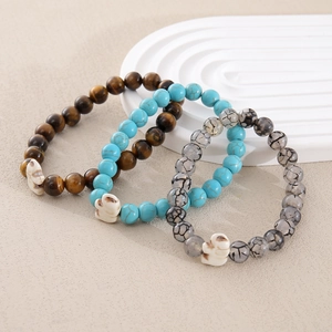 Natural Stone Glass Beads Bracelet Elephant Skull Charm Elastic Handwoven Bracelet For Men Women Bohemian Jewelry Gift