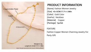 Detail van de 45+5cm gouden koperen ketting met 0,4cm kralen en afmetingen getoond