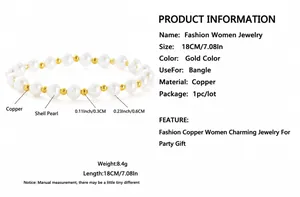 Detailed size specifications for a gold-plated copper and shell pearl beaded bracelet