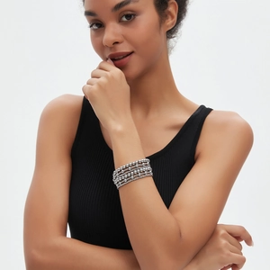 Five-layer silver beaded stretch bracelet set for women in elegant polished finish