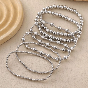 Bohemian Stackable Copper Bead Bracelets For Women Silver Color Stretch Elastic Beaded Hand String Geometric Fashion Jewelry