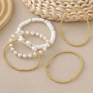 5-piece minimalist 14K gold plated bead and white pearl bracelet set for women