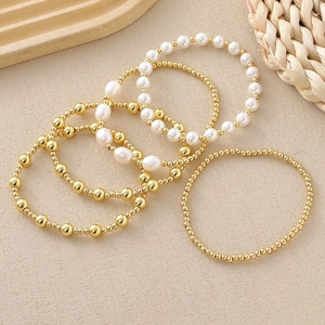 18K Echt Verguld Koperen Kralen Armband Voor Dames Elegant Schelpparel Stapelbaar Elastisch Armband Vintage Sieraden