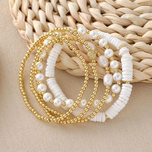 Multi-layer 18K gold plated beaded bracelet set with white baroque pearls and Heishi beads