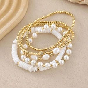 Gold Plated Copper Beaded Elastic Bracelets For Women Baroque Faux Artificial Pearl Shell Heishi Beads Zirconia Stackable Jewelry